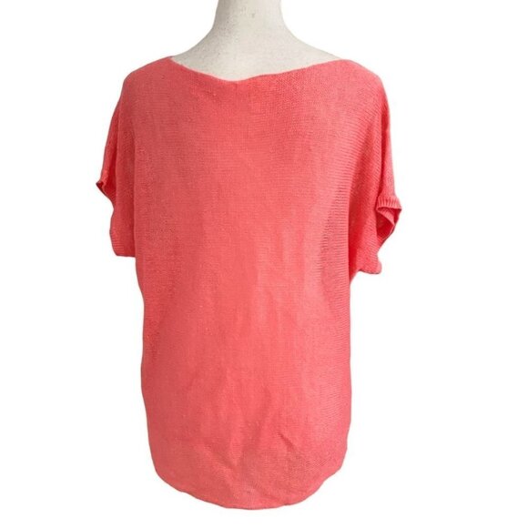 EILEEN FISHER NEON CORAL 100% ORGANIC LINEN OPEN KNIT SHORT TEE TOP - XS - Picture 4 of 9